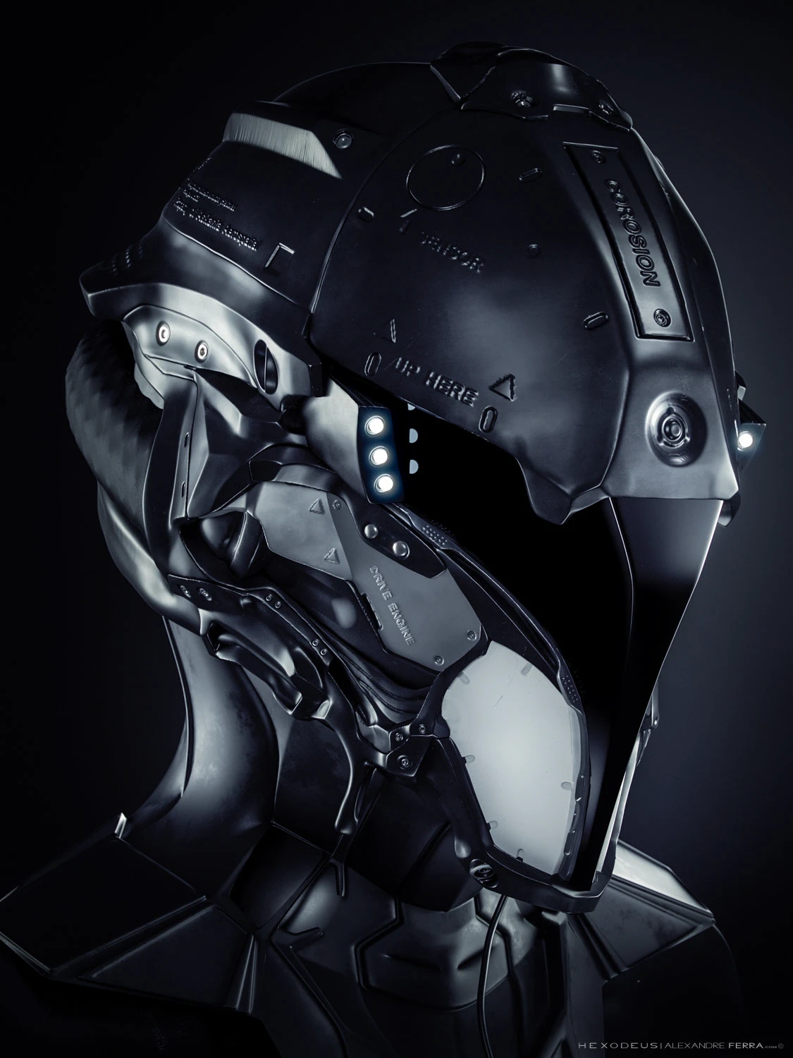 A black sci-fi helmet with white indicator lights and stenciled warning labels, seen in profile on a dark background