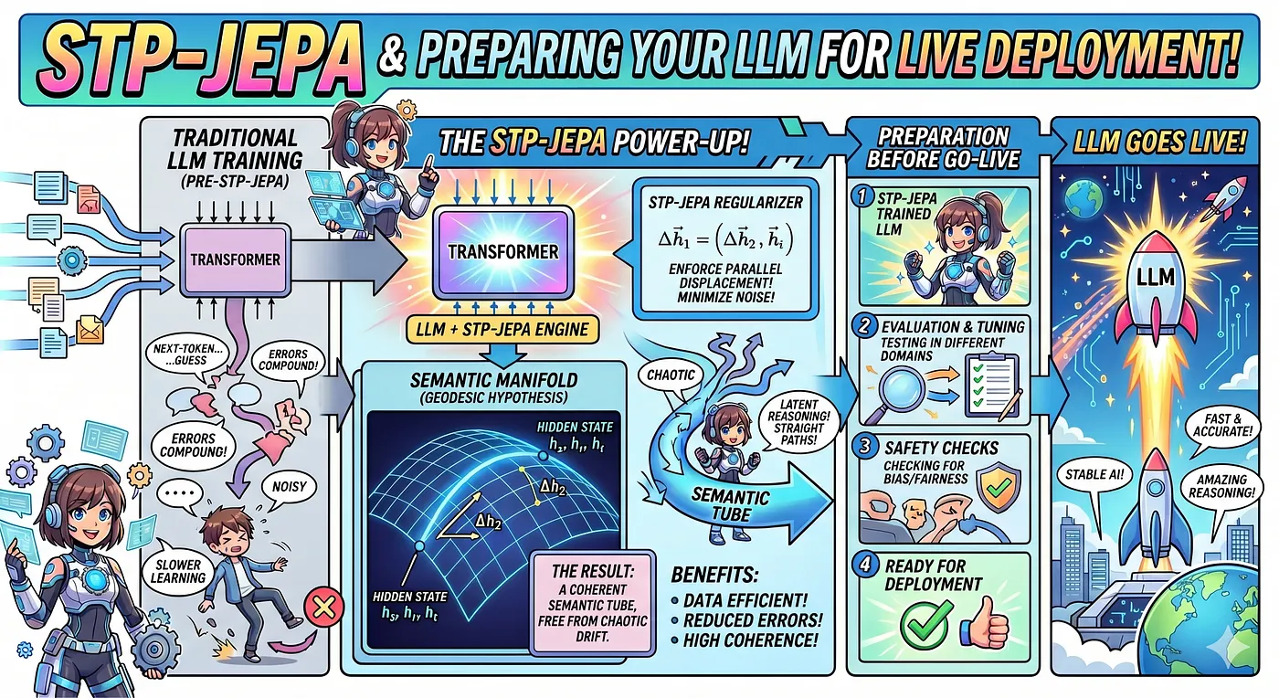 Illustrating STP-JEPA as an pre-training step for an LLM — Google Gemini