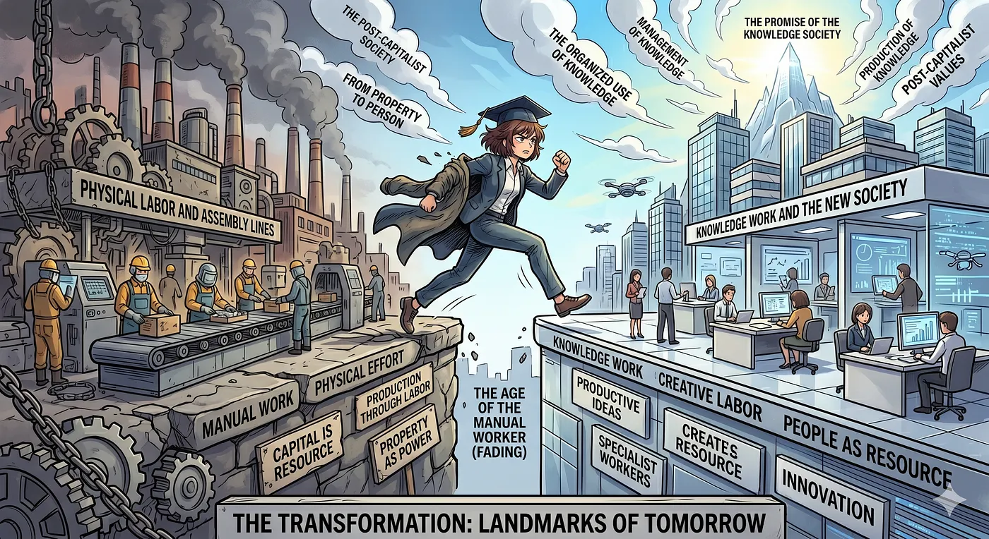 Peter Drucker’s Vision in Landmarks of Tomorrow — Generated by Google Gemini