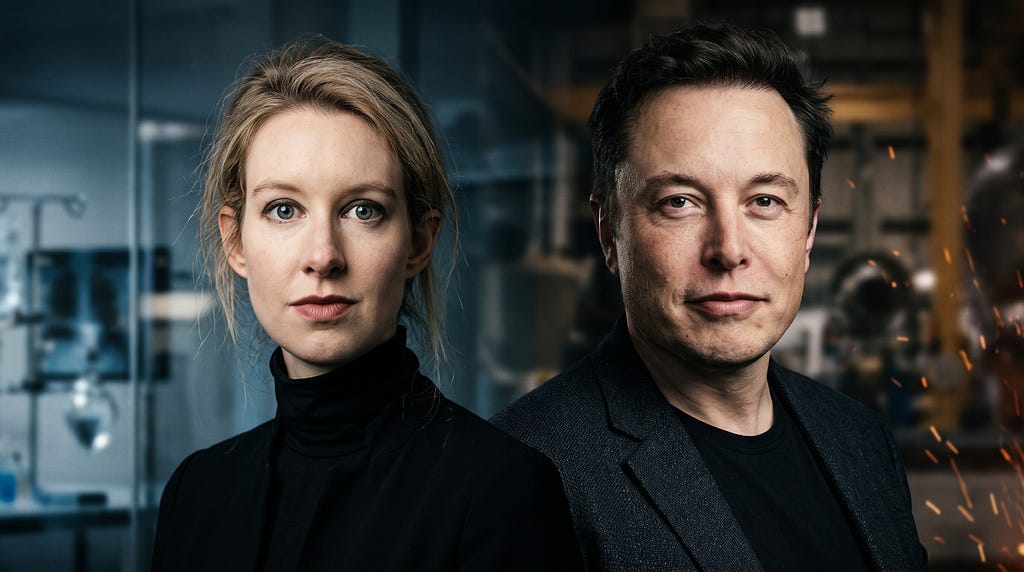 Two faces of Silicon Valley confidence: Elizabeth Holmes and Elon Musk, side by side in mutual self-assurance\u200a—\u200aImage by author and Gemini\u00a0(AI)