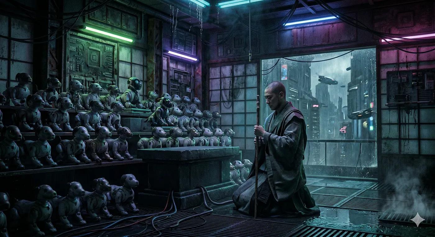 Stylized interpretation of the AIBO Funeral — Generated by Gemini