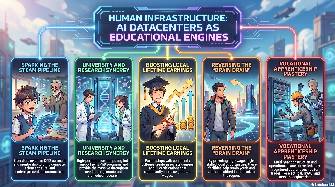 Human Infrastructure: AI Datacenters as Educational Engines — Infographic generated by Google Gemini