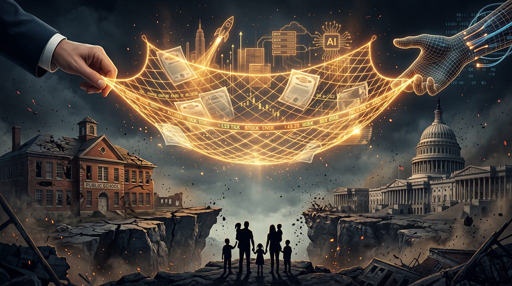 Illustration depicting a glowing, fragile net of stock certificates held over crumbling public buildings. Image by Author and Gemini\u00a0(AI)