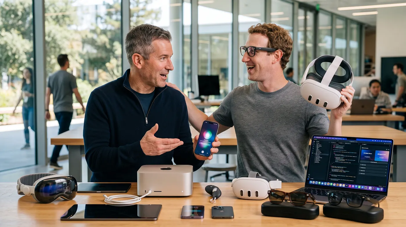 Apple CEO John Ternus and Meta CEO Mark Zuckerberg as Unlikely Best Bros — Image by Gemini