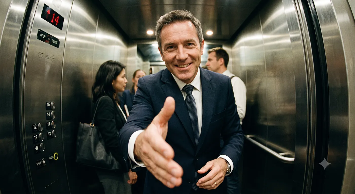 “Great to meet you. You are…?” It’s a Classic Elevator Pitch— Image by Gemini