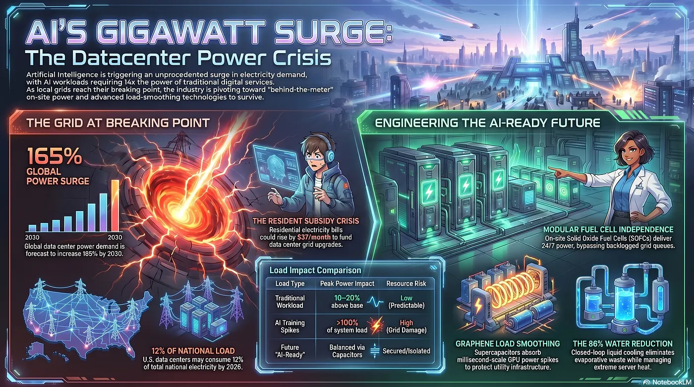 AI’s Gigawatt Surge: The Datacenter Power Crisis — Infographic generated by Google Gemini